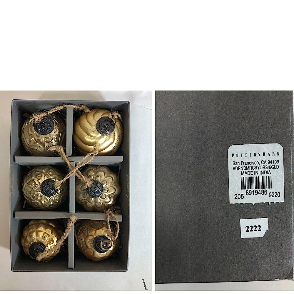Pottery Barn MERCURY GLASS Embossed Gold Antique Finish‎ Christmas Ornaments 6